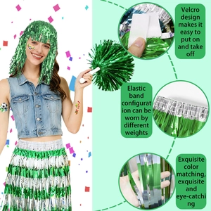 Green and silver cheerleader set with sparkly tinsel wig, skirt and hand pom poms