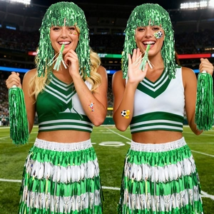 Women's green cheerleading fan costume set with tinsel hat, skirt and pom poms