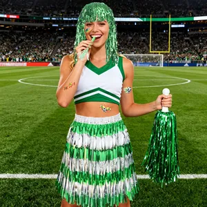 Close-up of green fringe wig and soccer themed victory tattoos for cheering sets
