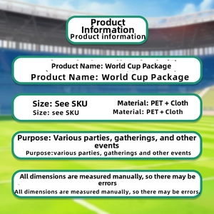 Detail card of World Cup party kit showing material specs and usage for football fans