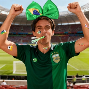 Brazil football fan set with bow headband, flag badge and soccer tattoo stickers