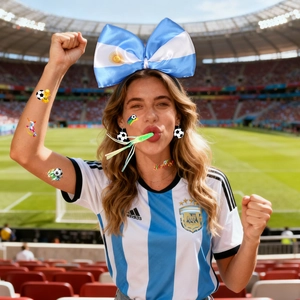 Argentina soccer fan set with sun flag bow headband and accessories on stadium background