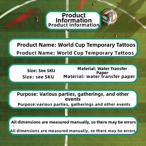 Detailed product specifications for World Cup themed water transfer temporary tattoos