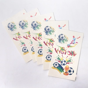 Set of 5 soccer world cup stickers featuring trophy, players and victory graphic text