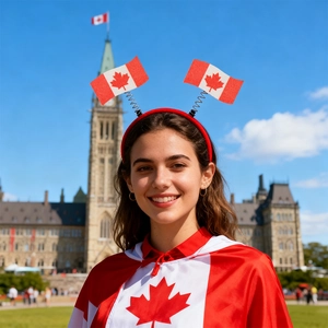 Canada World Cup headband and maple leaf cape set shown at the Parliament Building