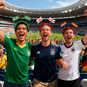 Enthusiastic fans wearing World Cup headbands and football jerseys cheering on the field