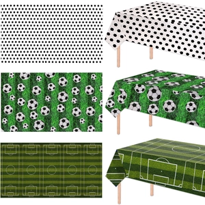 Three designs of soccer theme PE tablecloths featuring grass field and ball patterns