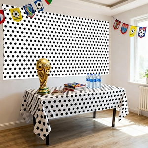 Soccer theme party set with waterproof table cover, backdrop, and world cup style bunting
