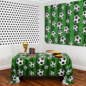 Soccer theme party set with green field tablecloth and hexagon pattern background posters