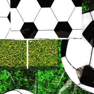 Detail of football party tablecloth featuring black and white soccer balls on green grass