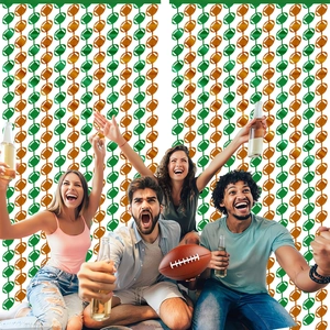 Group of friends celebrating with American football party fringe curtain background