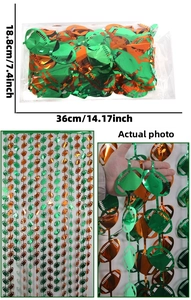 Detail of green and orange rugby party fringe curtain with packaging size dimensions