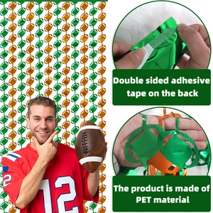 Rugby themed PET fringe curtain backdrop with metallic foil football shapes for sports parties
