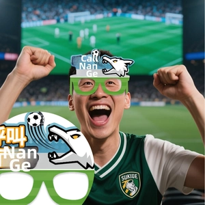 Detail der Fußball-Fanbrille mit grünem Rahmen und dekorativen Fußball-Comic-Elementen