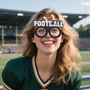 Super Bowl theme football party glasses with black frames and white football text lettering