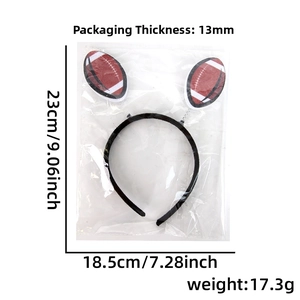 Detail view of American football headband with dimensions and retail packaging thickness