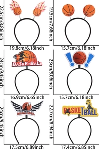 Detailed size specifications for six different basketball themed party headbands in cm and inch
