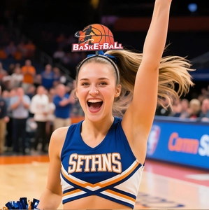 Detail of a basketball themed headband with orange ball and white lettering for party fans