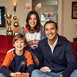 Three basketball themed headbands worn by a family in a sports celebration setting