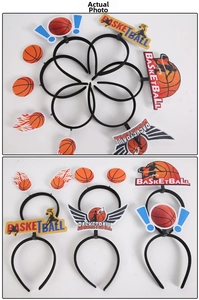 Detail of basketball themed headbands with orange balls and fiery sports patterns for parties