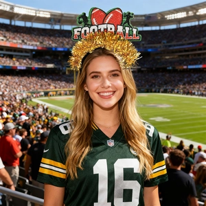 Green and gold football headband with glitter letters and pom poms for sports fans