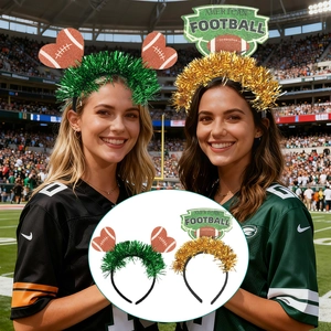 American football party headbands with green tinsel and heart-shaped football ornaments