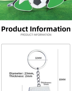 Detailed size specifications of the football keychain with 89mm length on grass background