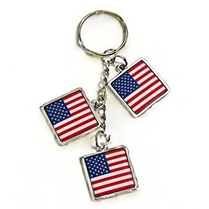 Detail of silver metal keychain featuring three rectangular American flag charms