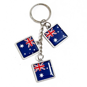Metal Australia flag keychain with three square pendant charms and a polished silver ring