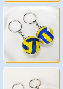 Macro shot of 3D volleyball keychain with blue yellow and white rubber panels