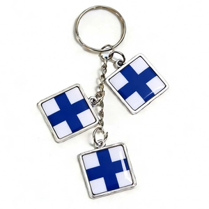 Detailed view of metal keychain featuring three square Finland flag pendants on white background