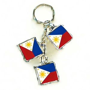 Close-up of metal keychain featuring three square Philippines flag charms on a white background