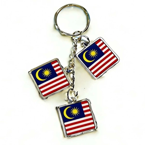 Detailed view of metal keychain with three Malaysian flag pendants on silver chain