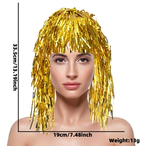 Metallic gold tinsel party wig for festivals measuring 33.5cm high and 19cm wide