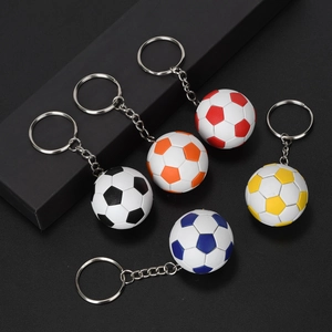 Set of 5 colorful mini soccer ball keychains with realistic PU leather texture and metal rings