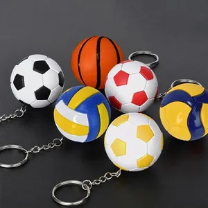 Set of six sports ball keychains including soccer, basketball, and volleyball with metal rings