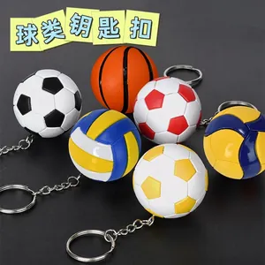 Set of six sports ball keychains including soccer, basketball, and volleyball with metal rings