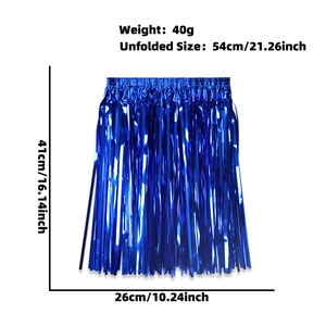 Blue metallic tinsel hula skirt for parties, 41cm length with elastic waist band