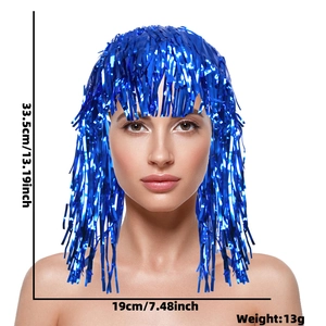 Metallic blue tinsel party wig for festive decor, 13g lightweight PET material