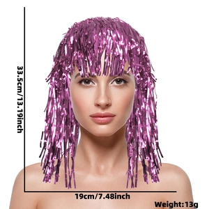 Shiny purple foil fringe wig for party cosplay, dimensions 33.5cm x 19cm, lightweight tinsel cap