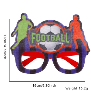 Detail showing 16x12cm dimensions of the football party glasses with athlete silhouettes