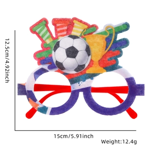 Detail view of soccer fan party glasses with size specs 15cm width and trophy decor