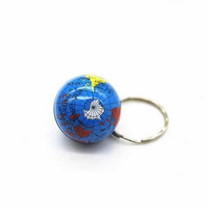 Miniature blue globe keychain with detailed world map and polished metal ring