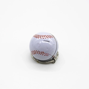 Close-up of a mini baseball keychain with red stitching and China text on white background