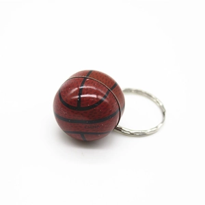 Detailed view of mini orange basketball keychain with black stripes and China text