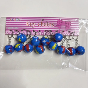 Pack of 12 mini globe keychains with world map detail on pink striped card display