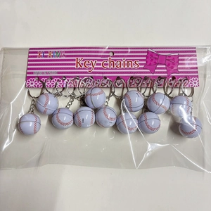 Pack of twelve white baseball keychains with red stitching details in retail packaging
