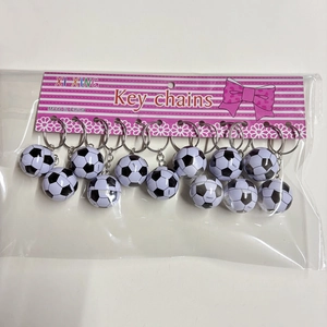 Detailed view of 12 mini black and white soccer keychains in commercial card packaging