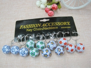 Detailed close-up of soccer club keychains including Chelsea and Brazil team designs