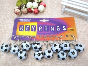 Detail view of 12 pieces classic black and white mini soccer keychains with metal rings